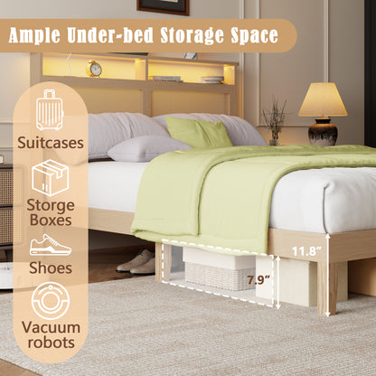 Satifur Wooden Bed Frame with Rattan Storage Headboard, Smart RGB LED Lights and Charging Station, Heavy Duty Platform Bed with Under-Bed Storage Space, Noise-Free, Natural