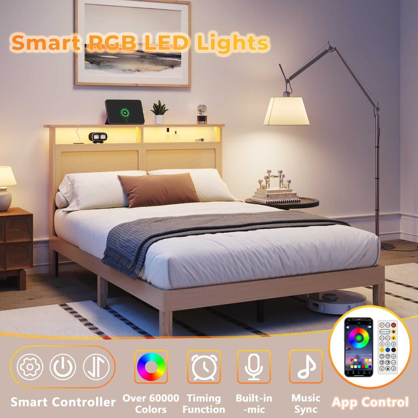 Satifur Wooden Bed Frame with Rattan Storage Headboard, Smart RGB LED Lights and Charging Station, Heavy Duty Platform Bed with Under-Bed Storage Space, Noise-Free, Natural