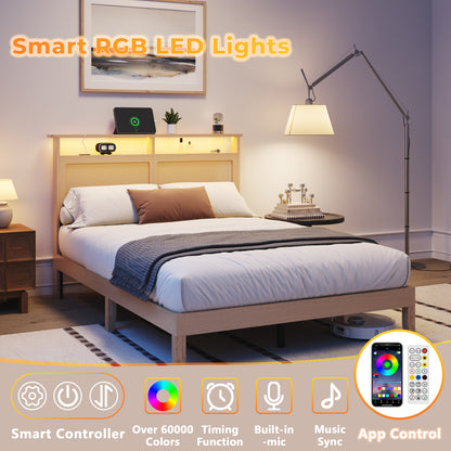 Satifur Wooden Bed Frame with Rattan Storage Headboard, Smart RGB LED Lights and Charging Station, Heavy Duty Platform Bed with Under-Bed Storage Space, Noise-Free, Natural