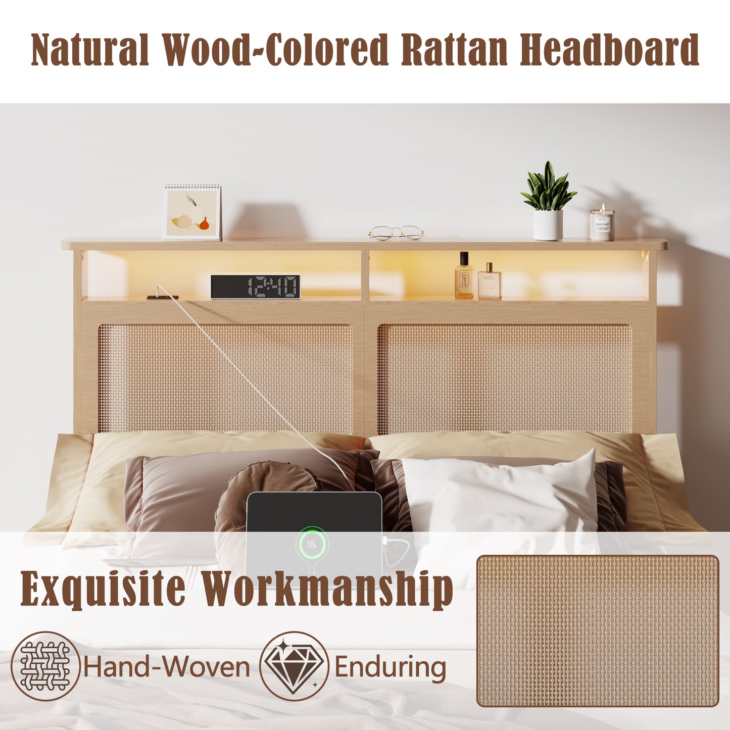 Satifur Wooden Bed Frame with Rattan Storage Headboard, Smart RGB LED Lights and Charging Station, Heavy Duty Platform Bed with Under-Bed Storage Space, Noise-Free, Natural