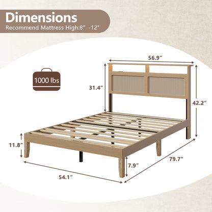 Satifur Wooden Bed Frame with Rattan Storage Headboard, Smart RGB LED Lights and Charging Station, Heavy Duty Platform Bed with Under-Bed Storage Space, Noise-Free, Natural