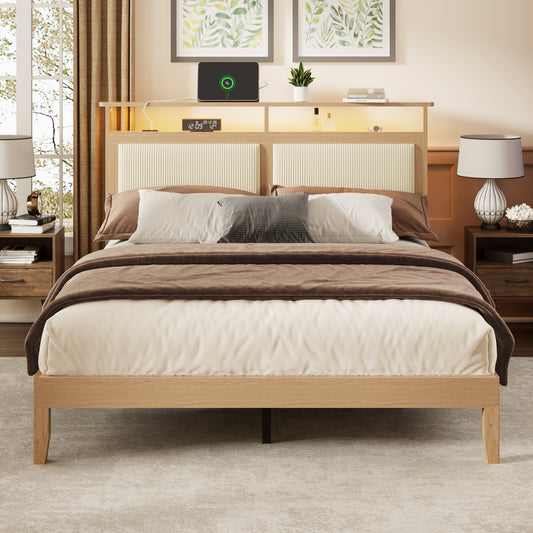 Satifur Corduroy Upholstered Queen Size Bed Frame with Storage Headboard & LED Lights, Solid Wooden Slats Support, Type C & USB port, Easy Assembly, Natural