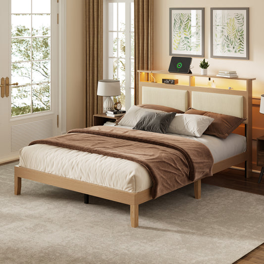 Satifur Corduroy Upholstered Queen Size Bed Frame with Storage Headboard & LED Lights, Solid Wooden Slats Support, Type C & USB port, Easy Assembly, Natural