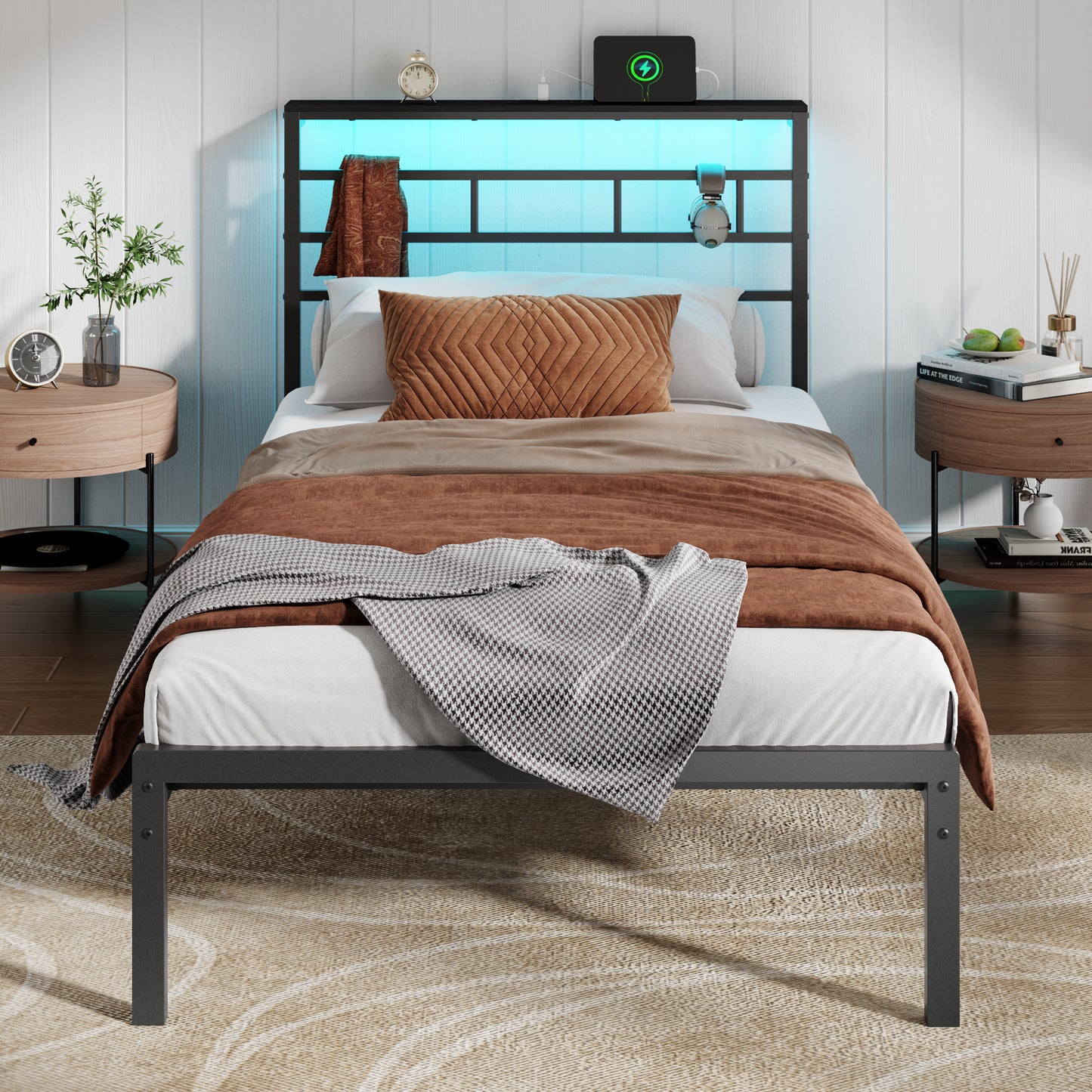 Satifur Twin Size Bed Frame with LED Storage Headboard Shelf, 38.1" High Metal Platform Bed, Black