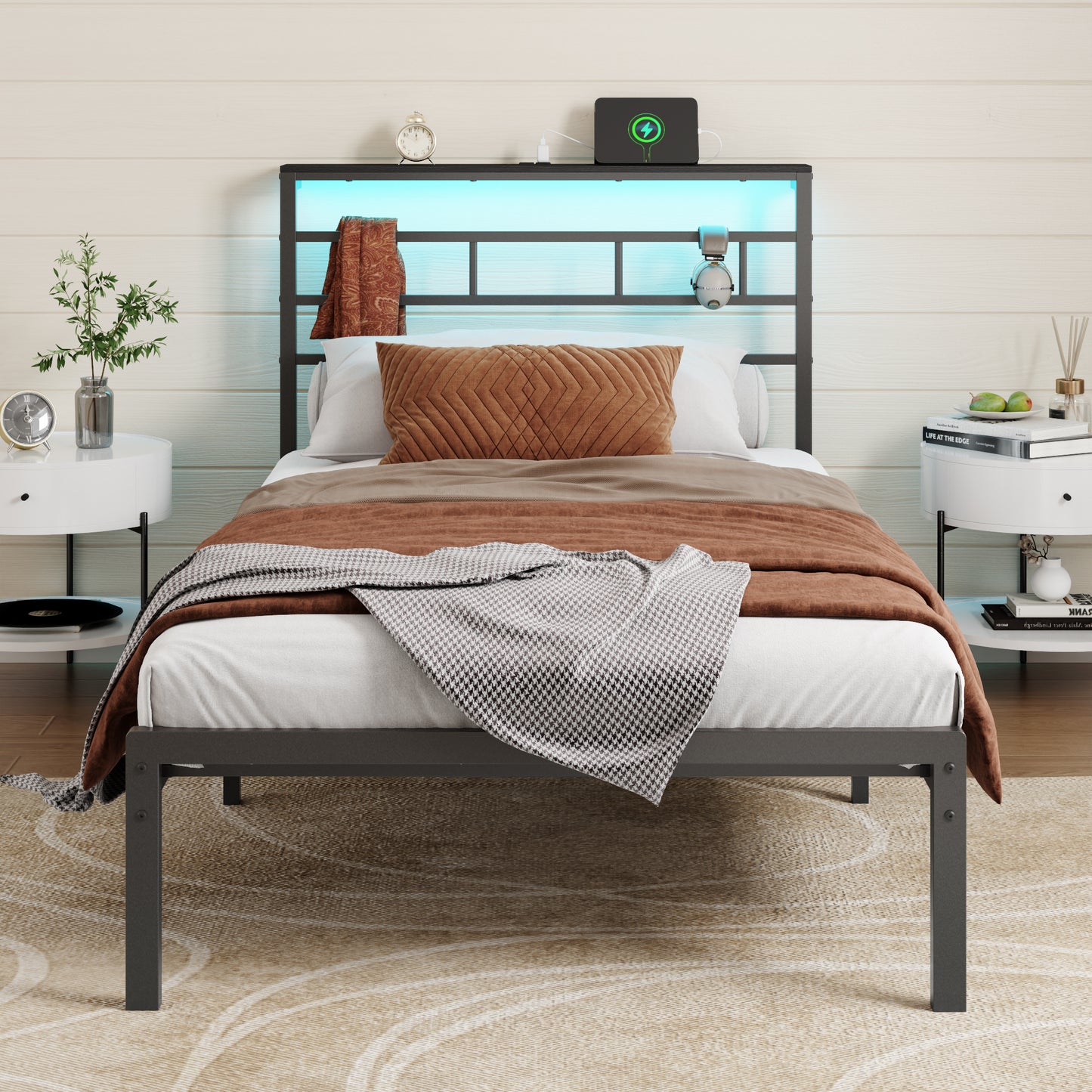 Satifur Twin Size Bed Frame with LED Storage Headboard Shelf, 38.1" High Metal Platform Bed, Black