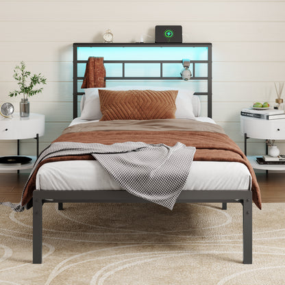 Satifur Twin Size Bed Frame with LED Storage Headboard Shelf, 38.1" High Metal Platform Bed, Black