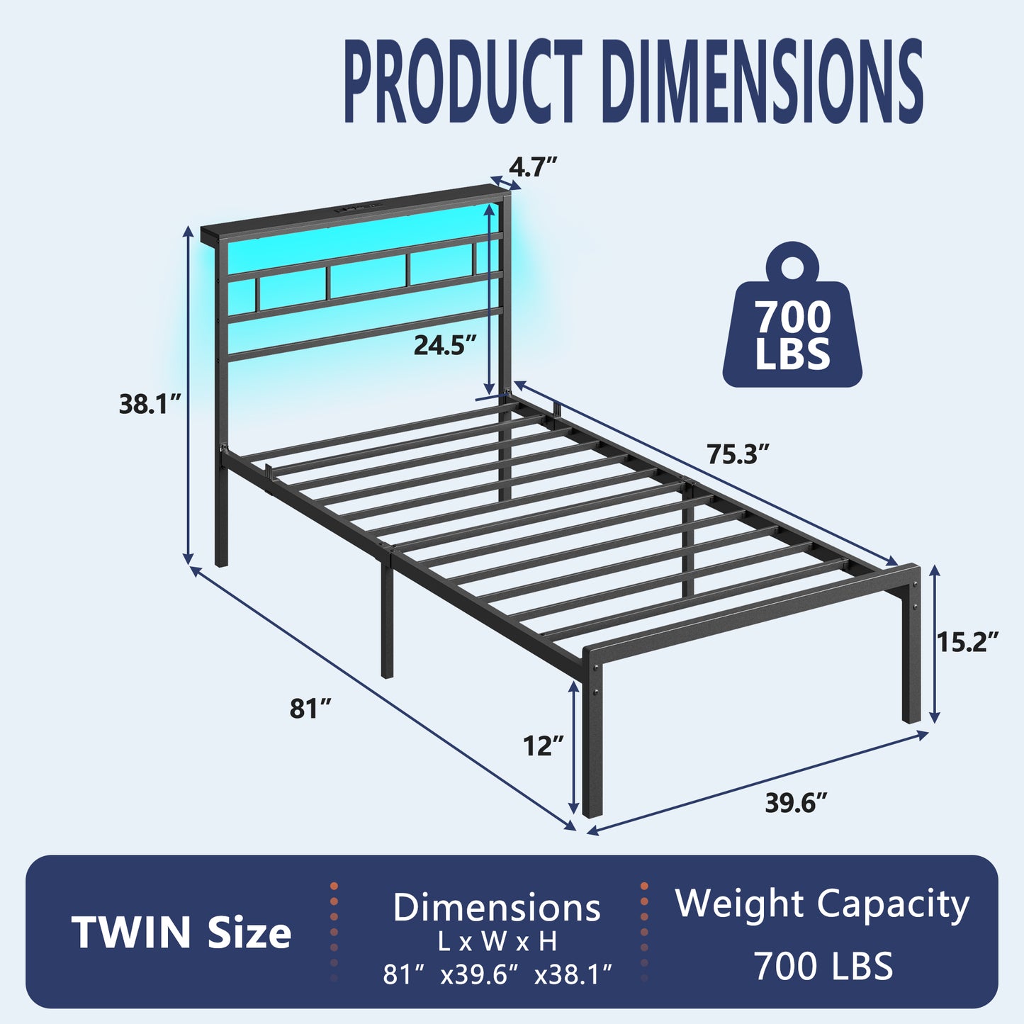 Satifur Twin Size Bed Frame with LED Storage Headboard Shelf, 38.1" High Metal Platform Bed, Black