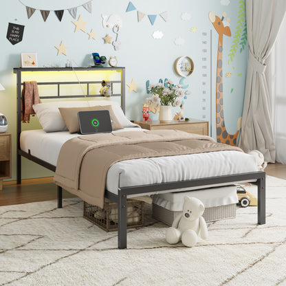 Satifur Twin Size Bed Frame with LED Storage Headboard Shelf, 38.1" High Metal Platform Bed, Black