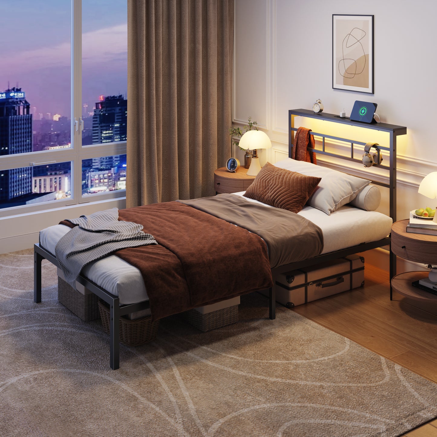 Satifur Twin Size Bed Frame with LED Storage Headboard Shelf, 38.1" High Metal Platform Bed, Black