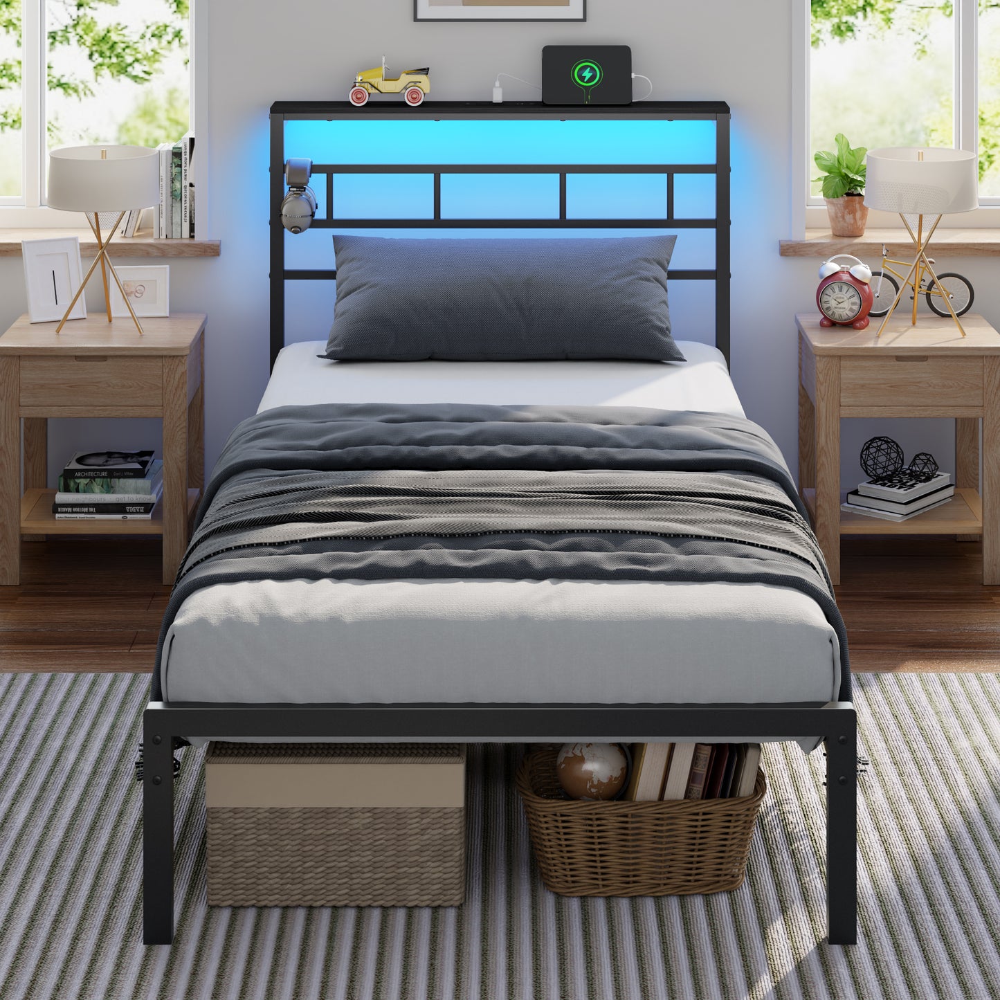 Satifur Twin Size Bed Frame with LED Storage Headboard Shelf, 38.1" High Metal Platform Bed, Black