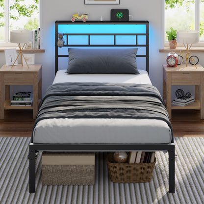 Satifur Twin Size Bed Frame with LED Storage Headboard Shelf, 38.1" High Metal Platform Bed, Black