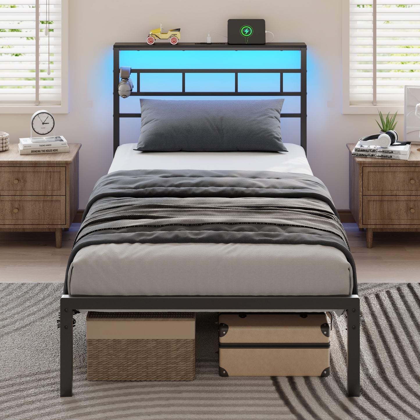 Satifur Twin Size Bed Frame with LED Storage Headboard Shelf, 38.1" High Metal Platform Bed, Black