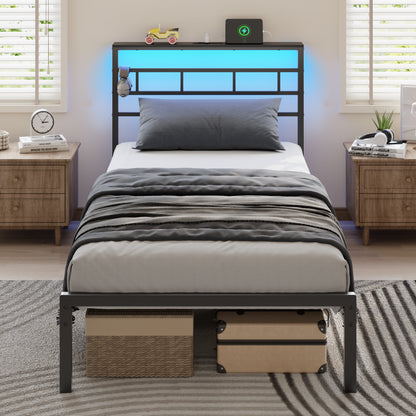 Satifur Twin Size Bed Frame with LED Storage Headboard Shelf, 38.1" High Metal Platform Bed, Black