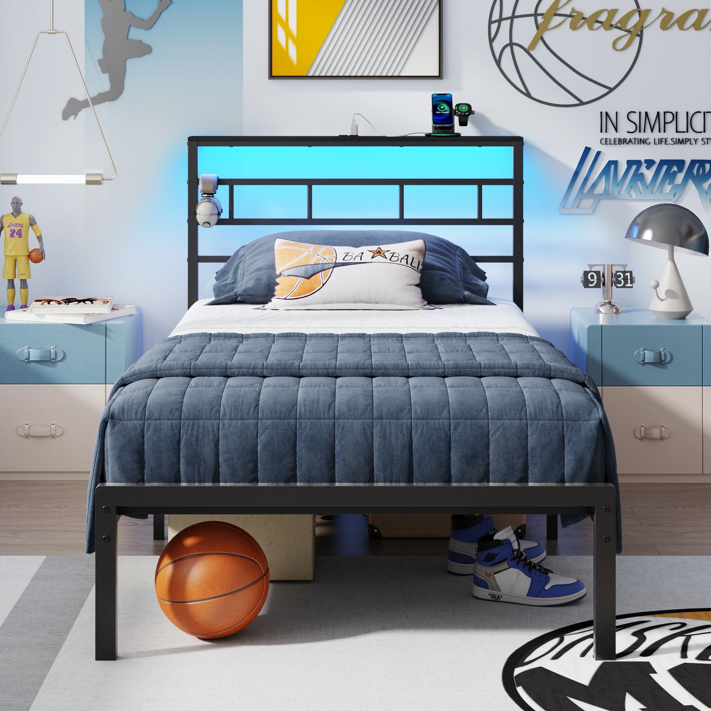 Satifur Twin Size Bed Frame with LED Storage Headboard Shelf, 38.1" High Metal Platform Bed, Black