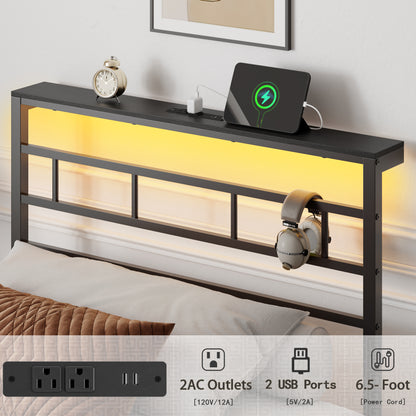 Satifur Twin Size Bed Frame with LED Storage Headboard Shelf, 38.1" High Metal Platform Bed, Black