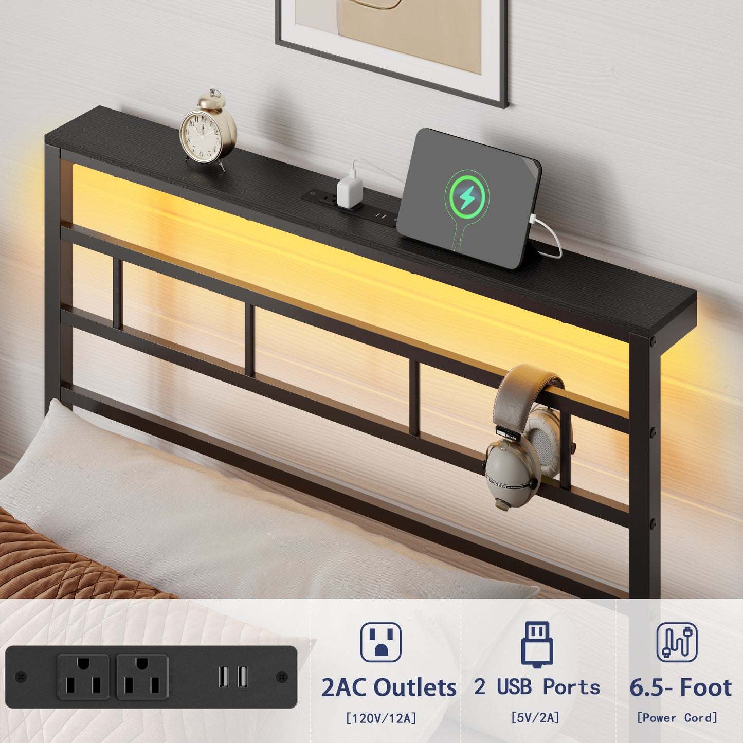 Satifur Twin Size Bed Frame with LED Storage Headboard Shelf, 38.1" High Metal Platform Bed, Black