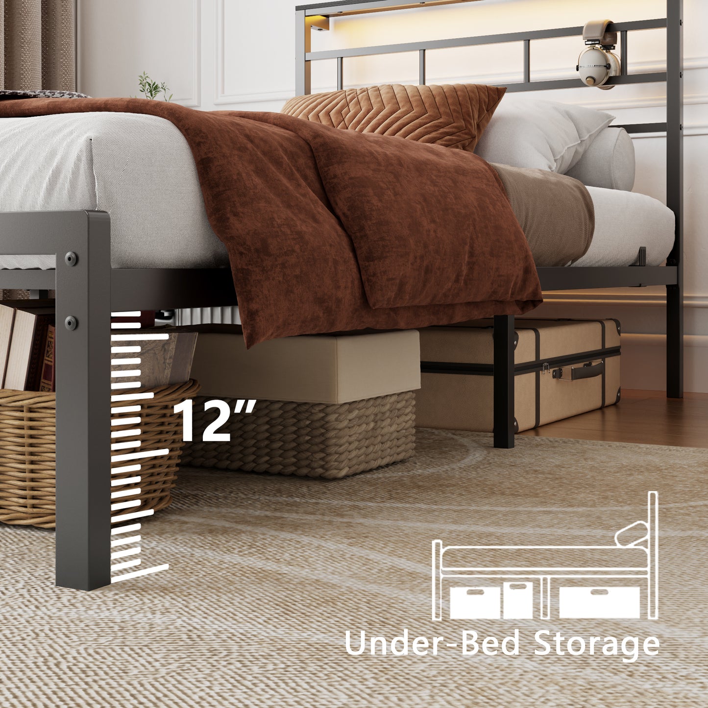 Satifur Twin Size Bed Frame with LED Storage Headboard Shelf, 38.1" High Metal Platform Bed, Black