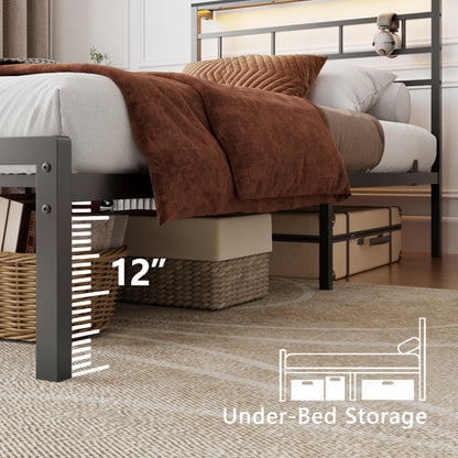 Satifur Twin Size Bed Frame with LED Storage Headboard Shelf, 38.1" High Metal Platform Bed, Black
