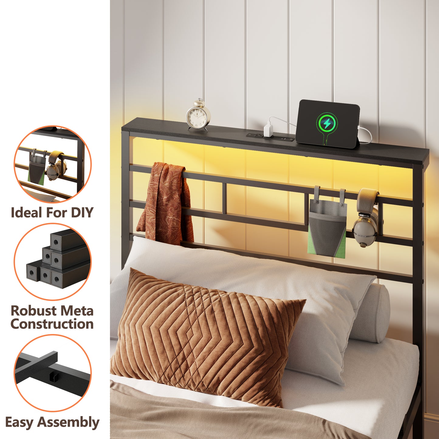 Satifur Twin Size Bed Frame with LED Storage Headboard Shelf, 38.1" High Metal Platform Bed, Black