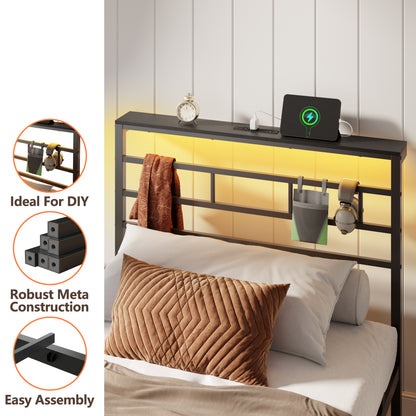 Satifur Twin Size Bed Frame with LED Storage Headboard Shelf, 38.1" High Metal Platform Bed, Black