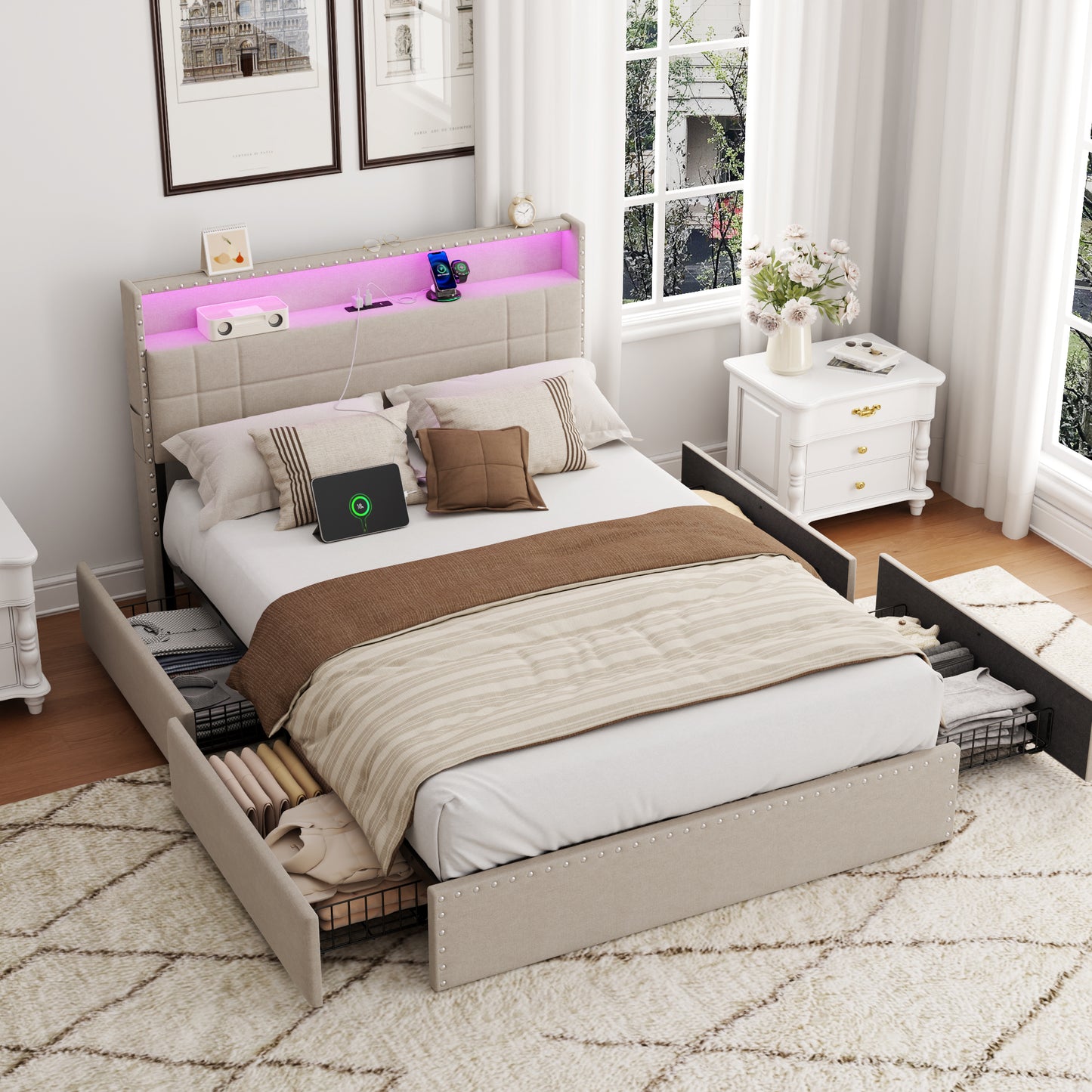 Satifur Full Size Bed Frame with Charging Station, Upholstered Rivet Storage Headboard Platform Beds, Noise-Free, Easy Assembly, Beige