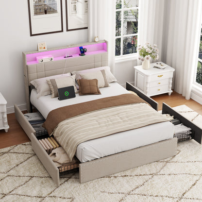 Satifur Full Size Bed Frame with Charging Station, Upholstered Rivet Storage Headboard Platform Beds, Noise-Free, Easy Assembly, Beige