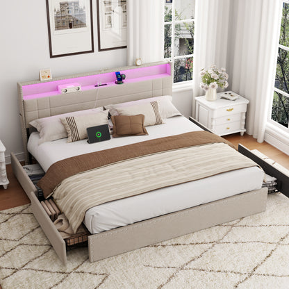 Satifur King Size Bed with Storage Headboard, Platform Bed with 4 Drawers, Rivet Upholstered Bed Frame with LED Lights & Charging Station, Beige