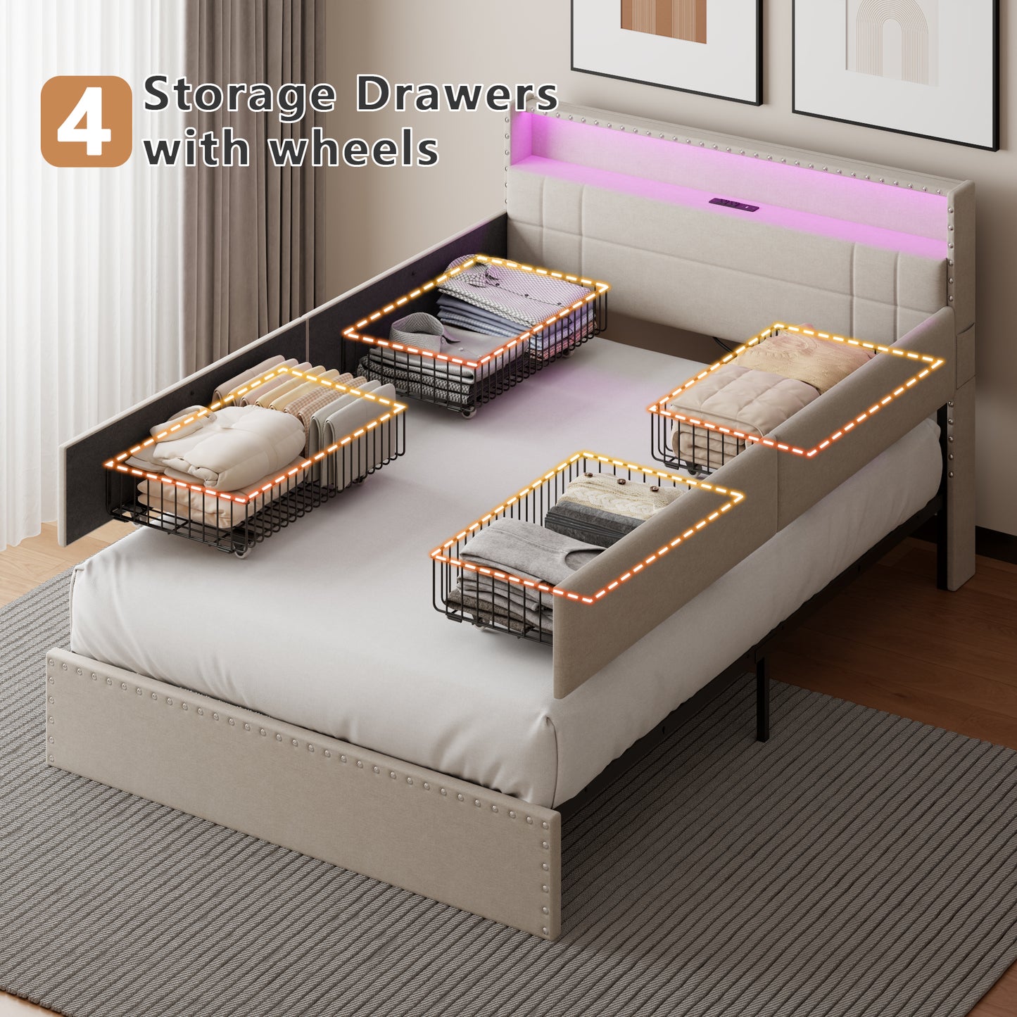 Satifur Full Size Bed Frame with Charging Station, Upholstered Rivet Storage Headboard Platform Beds, Noise-Free, Easy Assembly, Beige