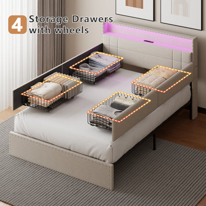 Satifur Full Size Bed Frame with Charging Station, Upholstered Rivet Storage Headboard Platform Beds, Noise-Free, Easy Assembly, Beige