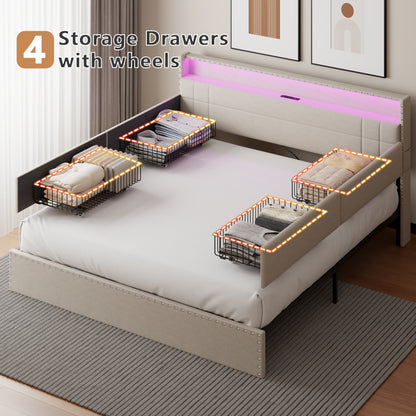Satifur King Size Bed with Storage Headboard, Platform Bed with 4 Drawers, Rivet Upholstered Bed Frame with LED Lights & Charging Station, Beige