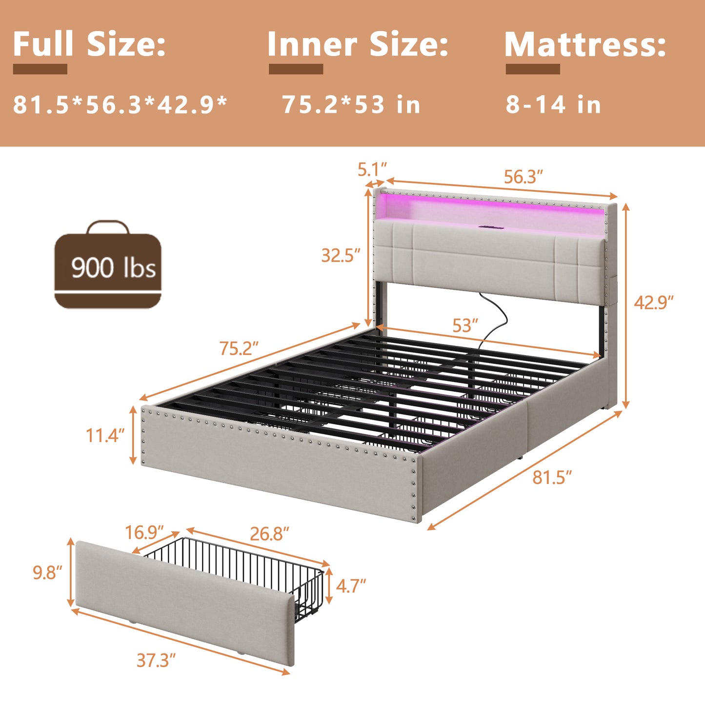 Satifur Full Size Bed Frame with Charging Station, Upholstered Rivet Storage Headboard Platform Beds, Noise-Free, Easy Assembly, Beige