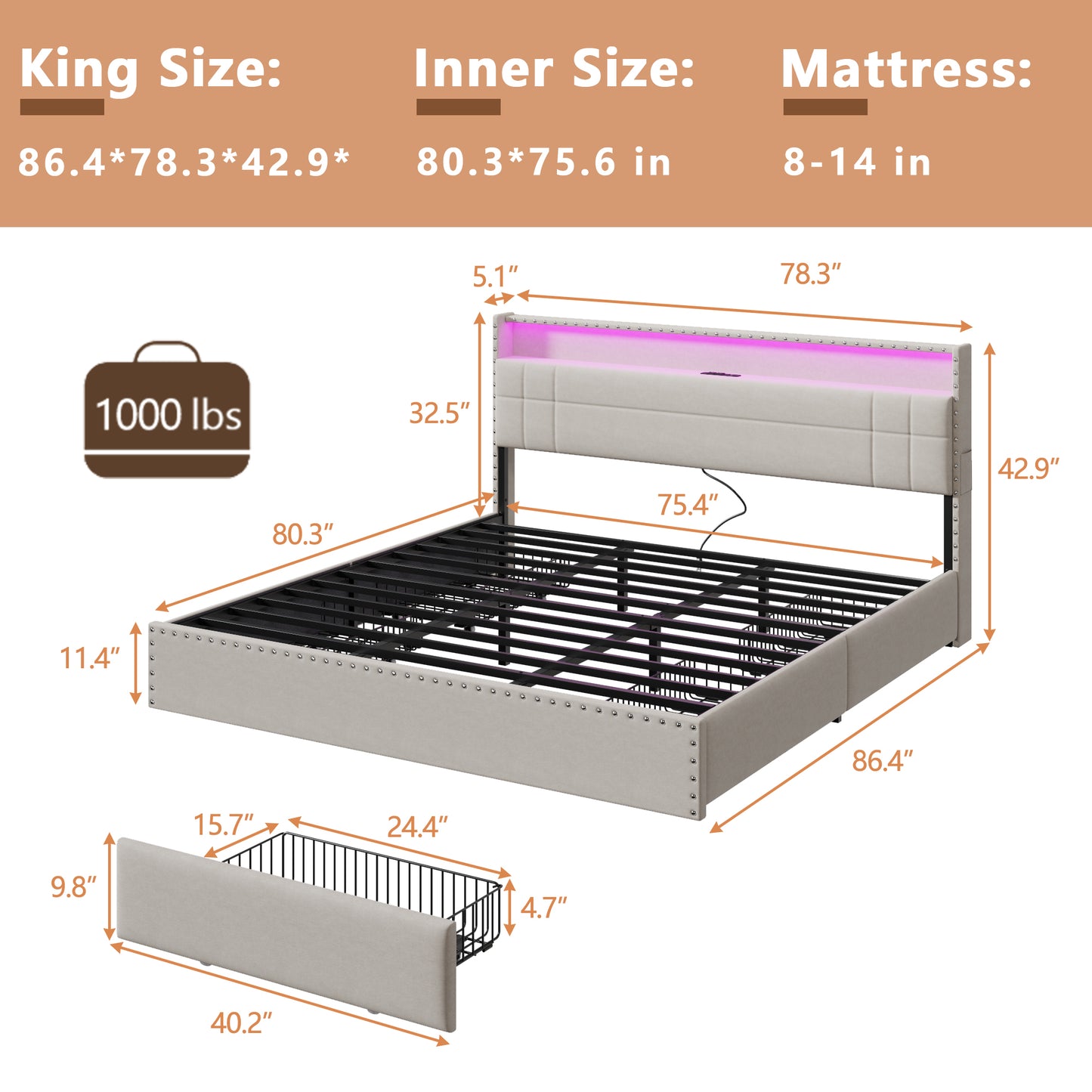 Satifur King Size Bed with Storage Headboard, Platform Bed with 4 Drawers, Rivet Upholstered Bed Frame with LED Lights & Charging Station, Beige