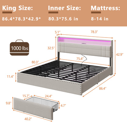 Satifur King Size Bed with Storage Headboard, Platform Bed with 4 Drawers, Rivet Upholstered Bed Frame with LED Lights & Charging Station, Beige