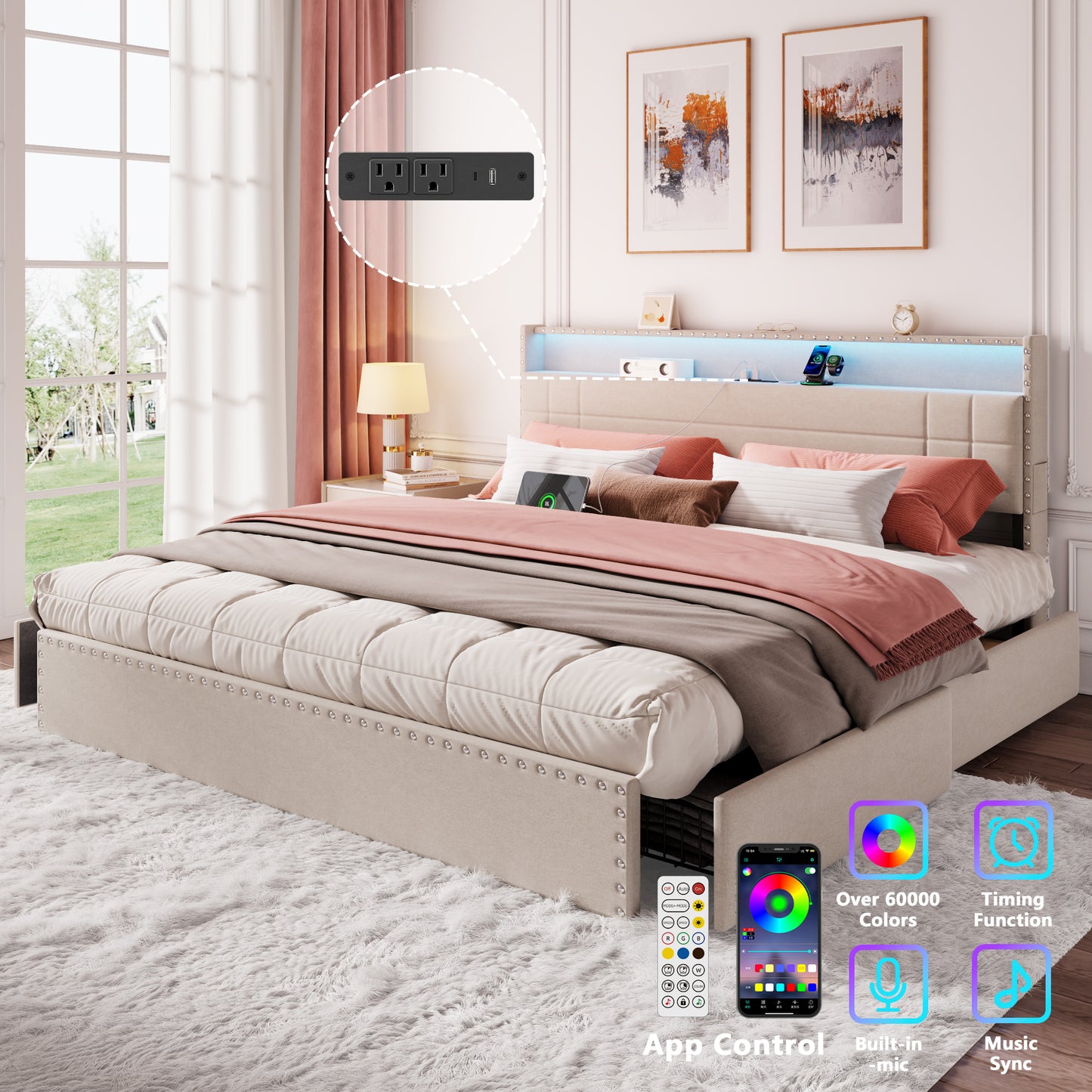 Satifur King Size Bed with Storage Headboard, Platform Bed with 4 Drawers, Rivet Upholstered Bed Frame with LED Lights & Charging Station, Beige