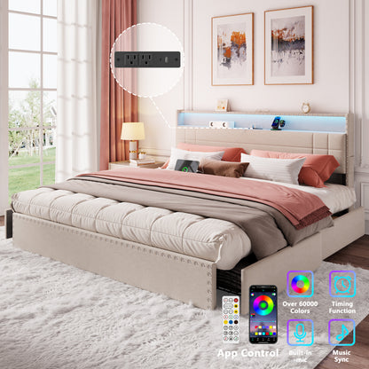 Satifur King Size Bed with Storage Headboard, Platform Bed with 4 Drawers, Rivet Upholstered Bed Frame with LED Lights & Charging Station, Beige
