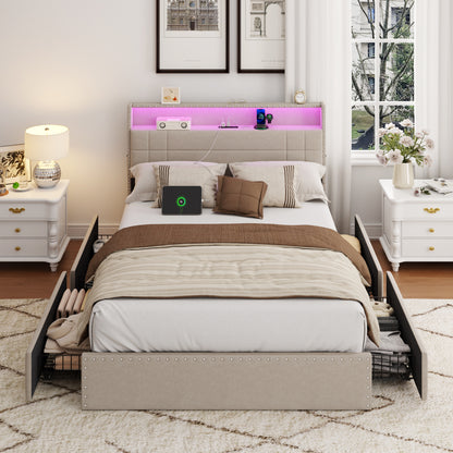 Satifur Full Size Bed Frame with Charging Station, Upholstered Rivet Storage Headboard Platform Beds, Noise-Free, Easy Assembly, Beige