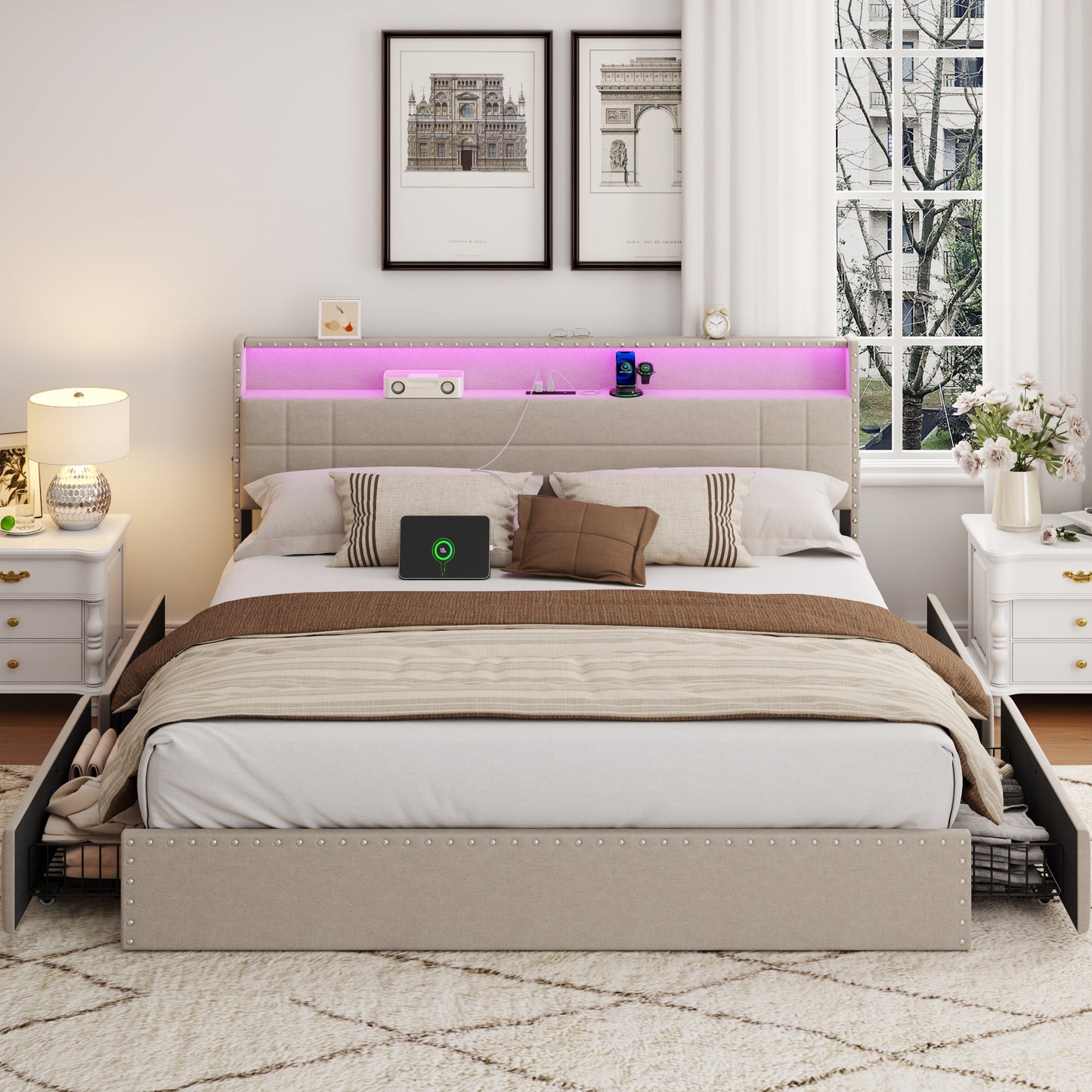 Satifur King Size Bed with Storage Headboard, Platform Bed with 4 Drawers, Rivet Upholstered Bed Frame with LED Lights & Charging Station, Beige