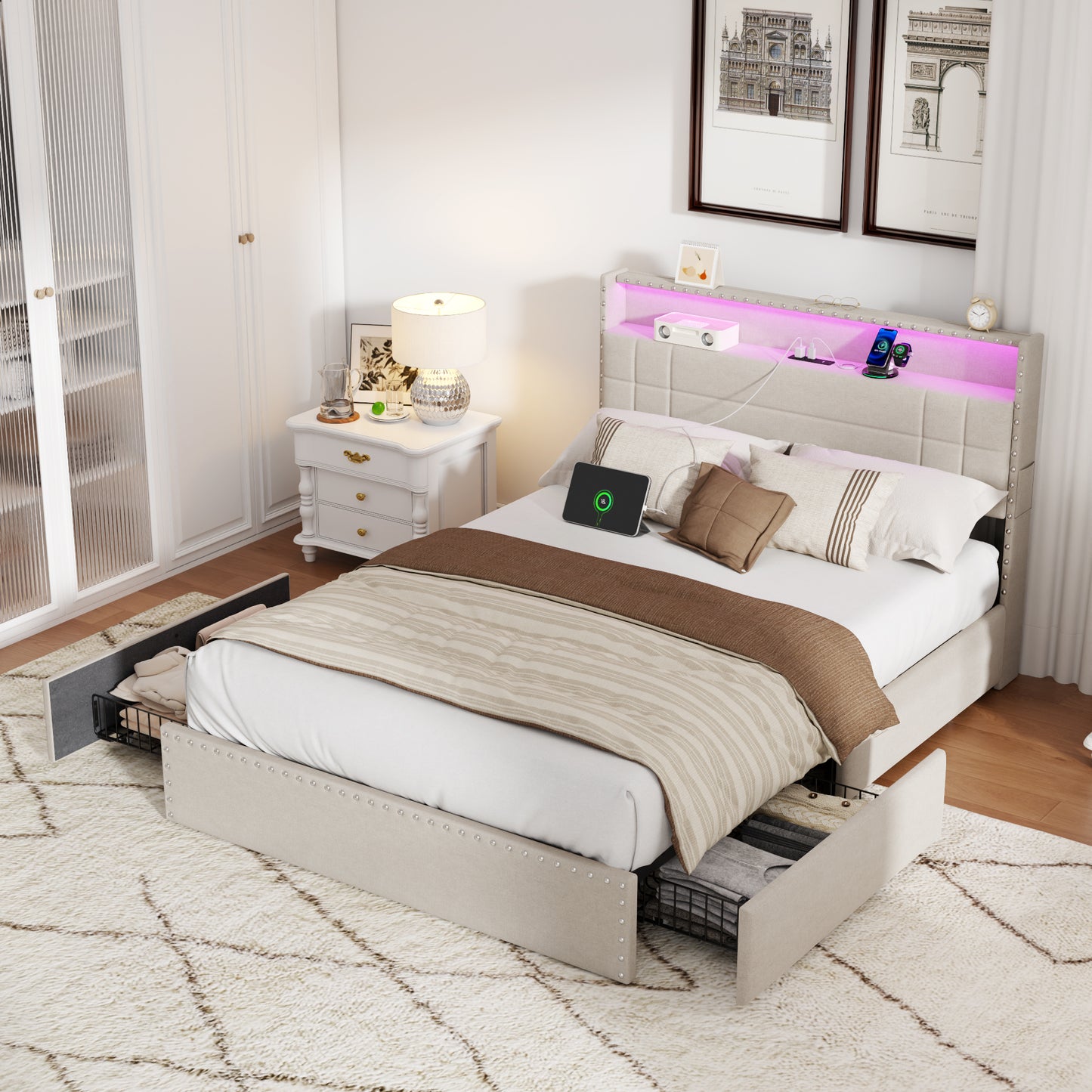 Satifur Full Size Bed Frame with Charging Station, Upholstered Rivet Storage Headboard Platform Beds, Noise-Free, Easy Assembly, Beige