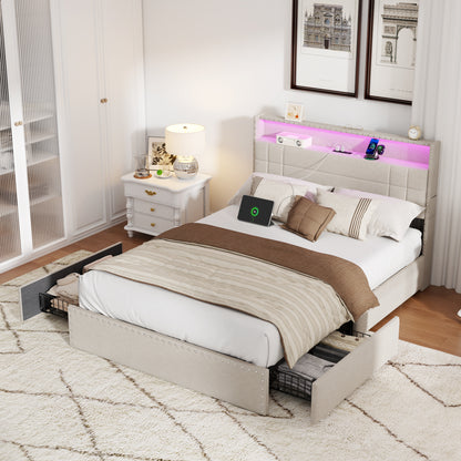Satifur Full Size Bed Frame with Charging Station, Upholstered Rivet Storage Headboard Platform Beds, Noise-Free, Easy Assembly, Beige