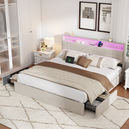 Satifur King Size Bed with Storage Headboard, Platform Bed with 4 Drawers, Rivet Upholstered Bed Frame with LED Lights & Charging Station, Beige