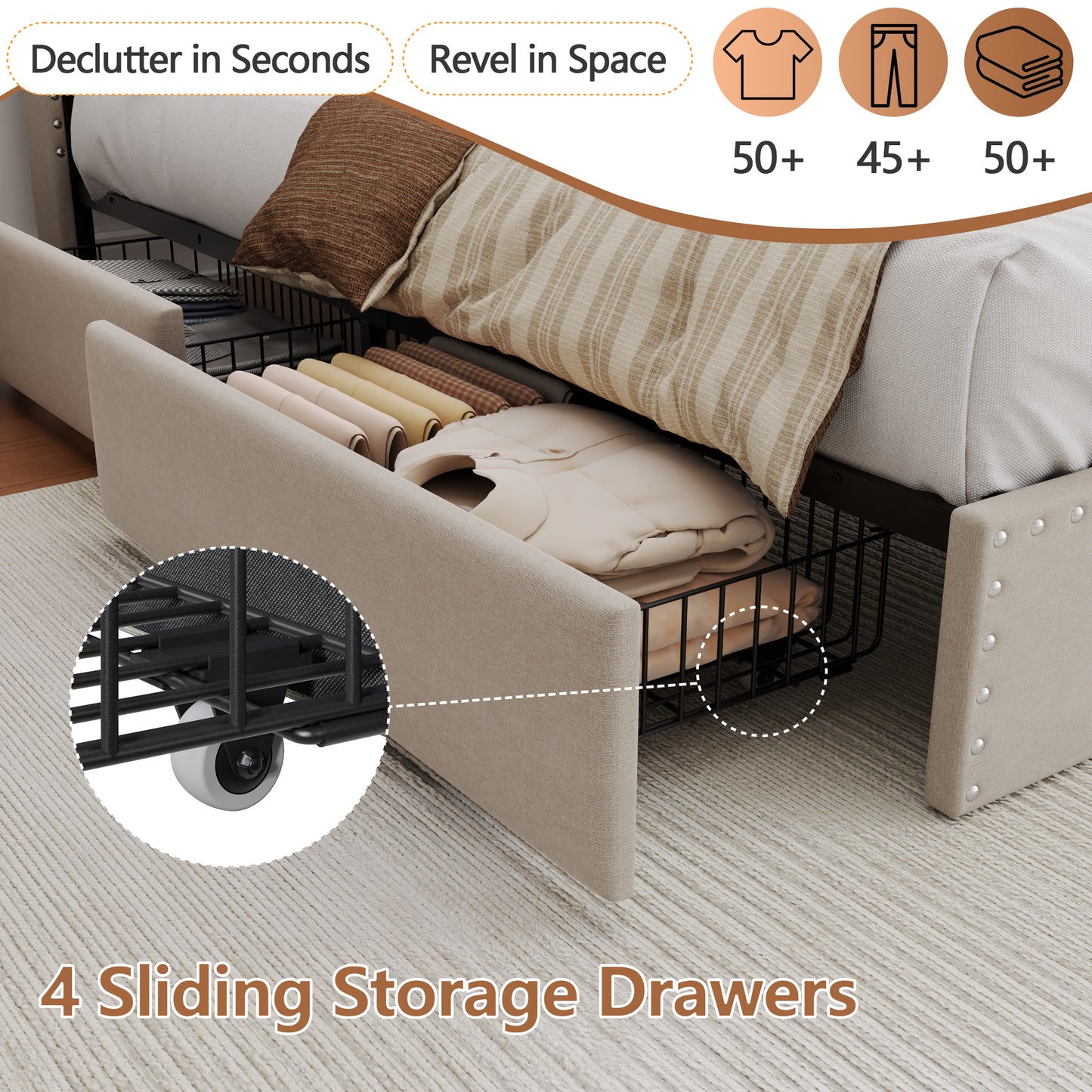 Satifur Full Size Bed Frame with Charging Station, Upholstered Rivet Storage Headboard Platform Beds, Noise-Free, Easy Assembly, Beige