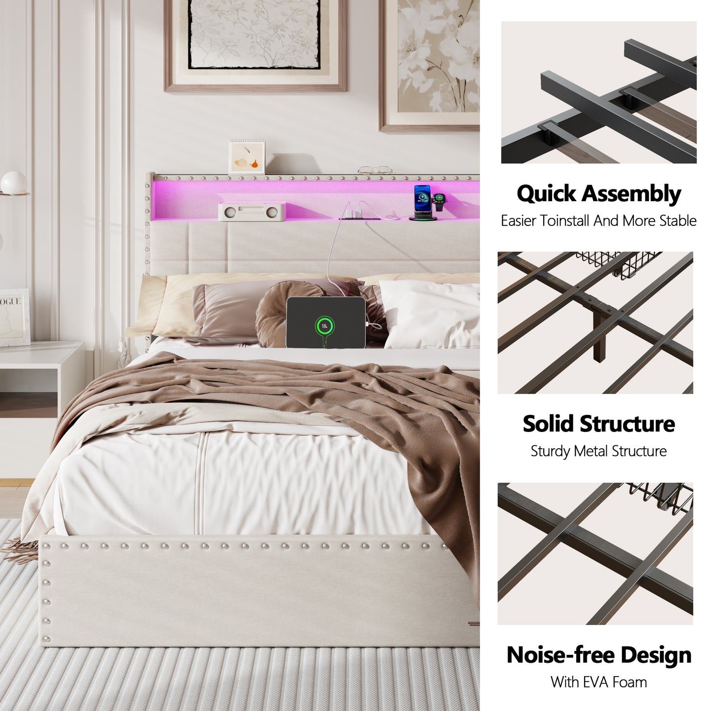 Satifur Full Size Bed Frame with Charging Station, Upholstered Rivet Storage Headboard Platform Beds, Noise-Free, Easy Assembly, Beige