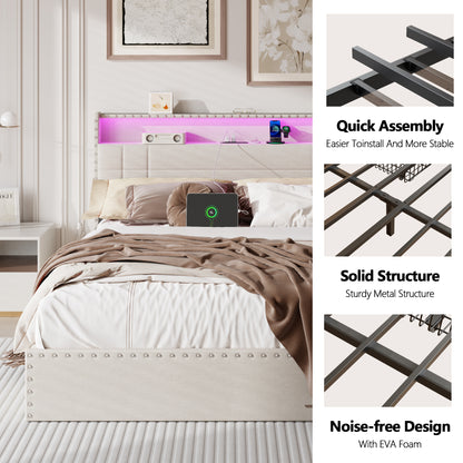 Satifur Full Size Bed Frame with Charging Station, Upholstered Rivet Storage Headboard Platform Beds, Noise-Free, Easy Assembly, Beige