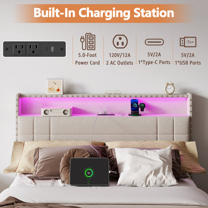 Satifur Full Size Bed Frame with Charging Station, Upholstered Rivet Storage Headboard Platform Beds, Noise-Free, Easy Assembly, Beige