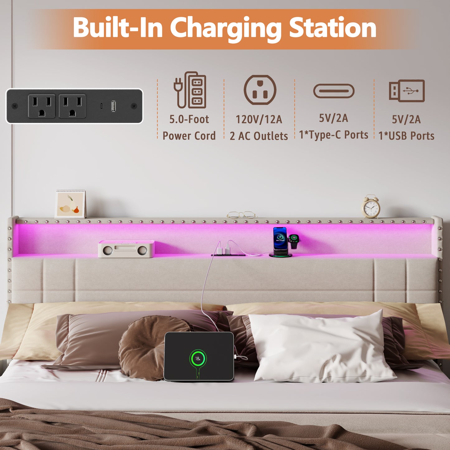 Satifur King Size Bed with Storage Headboard, Platform Bed with 4 Drawers, Rivet Upholstered Bed Frame with LED Lights & Charging Station, Beige