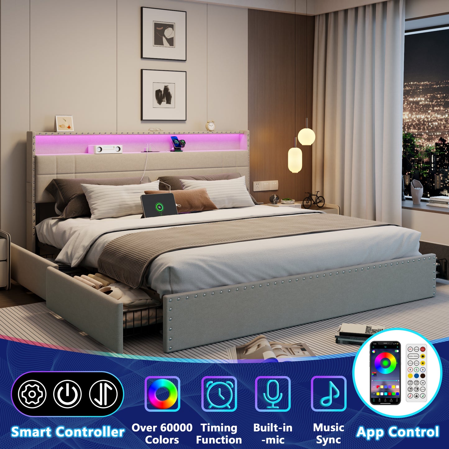 Satifur King Size Bed with Storage Headboard, Platform Bed with 4 Drawers, Rivet Upholstered Bed Frame with LED Lights & Charging Station, Beige