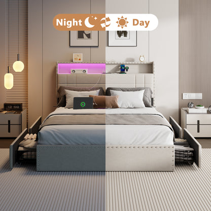 Satifur Full Size Bed Frame with Charging Station, Upholstered Rivet Storage Headboard Platform Beds, Noise-Free, Easy Assembly, Beige
