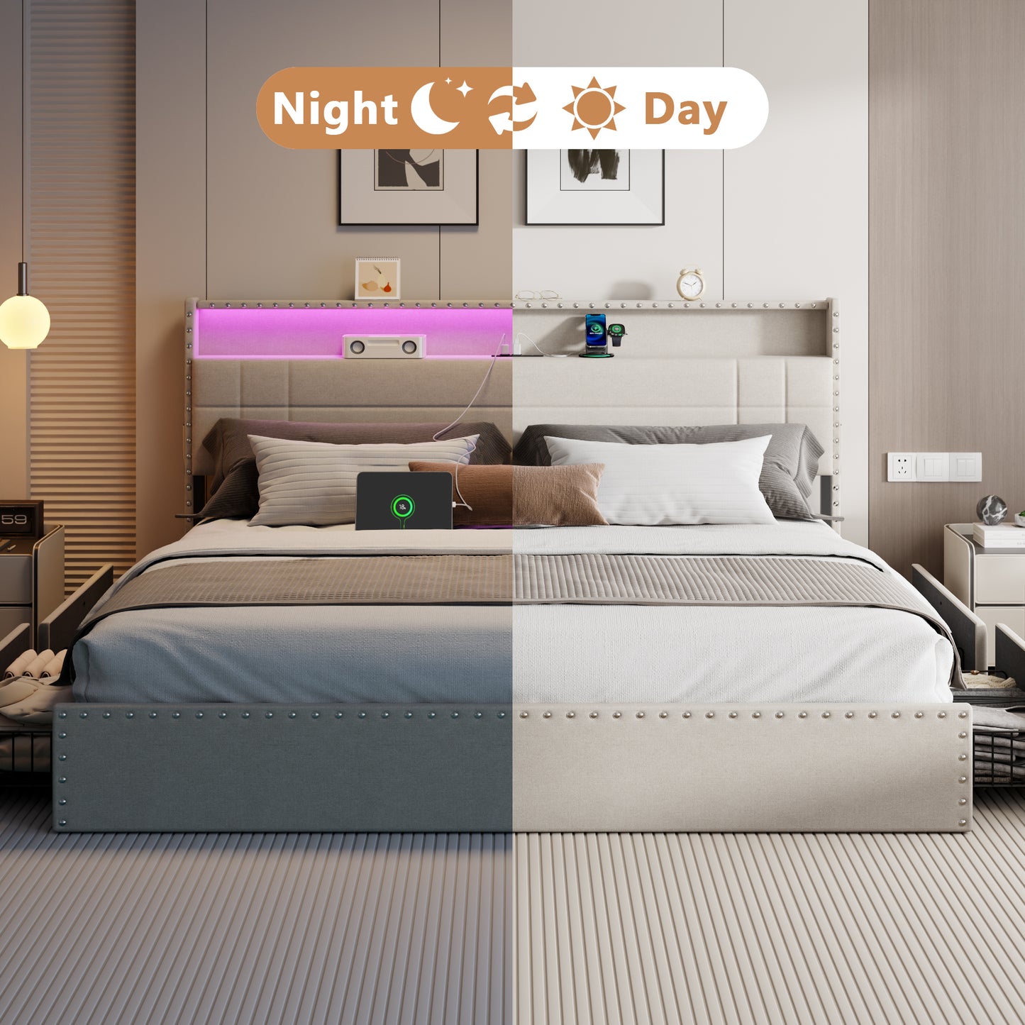 Satifur King Size Bed with Storage Headboard, Platform Bed with 4 Drawers, Rivet Upholstered Bed Frame with LED Lights & Charging Station, Beige