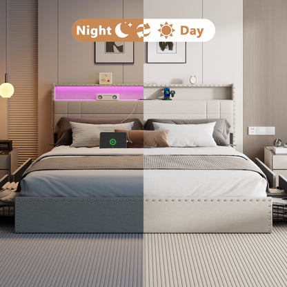 Satifur King Size Bed with Storage Headboard, Platform Bed with 4 Drawers, Rivet Upholstered Bed Frame with LED Lights & Charging Station, Beige