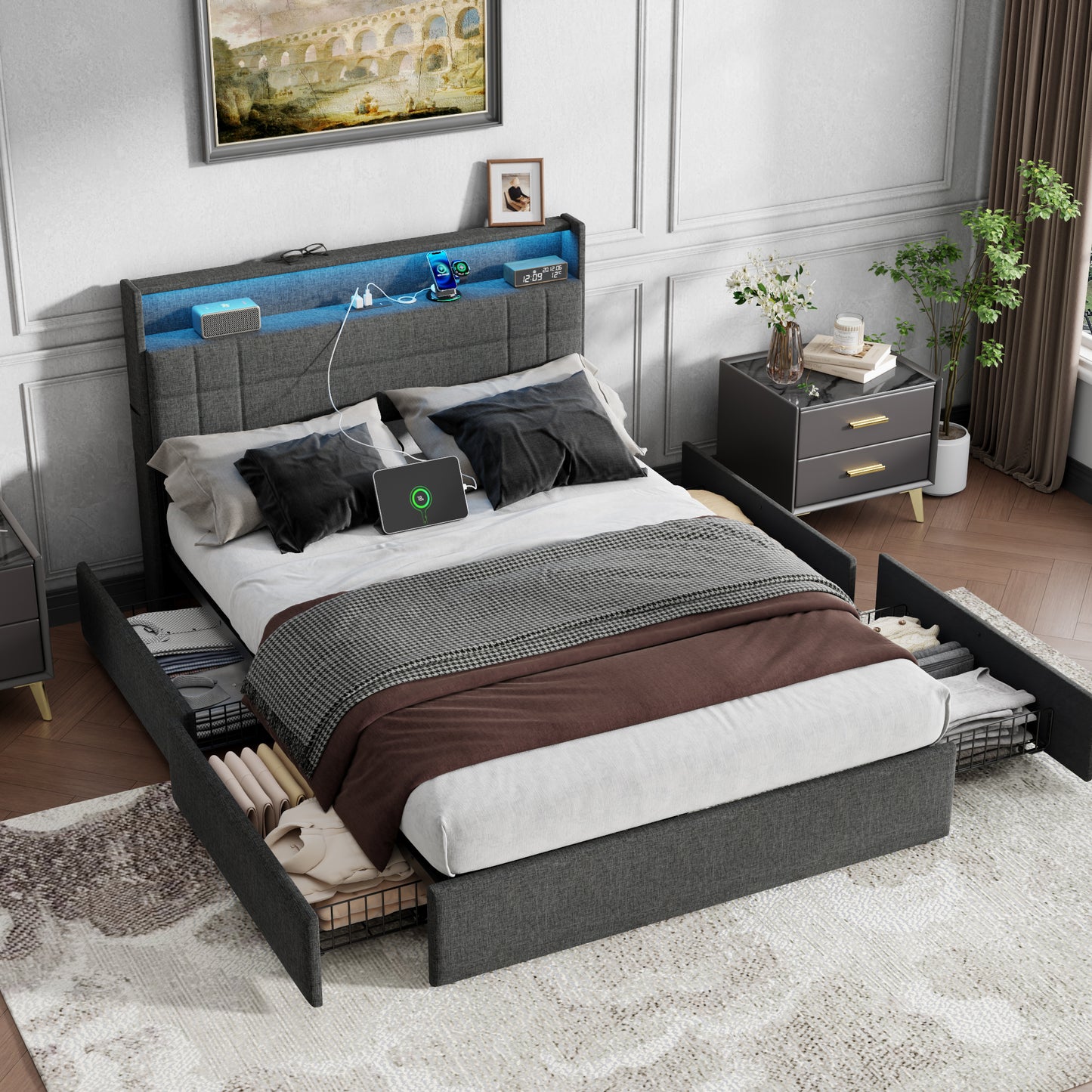 Satifur Full Size Bed Frame with Charging Station, Upholstered Rivet Storage Headboard Platform Beds, Noise-Free, Easy Assembly,Dark Grey